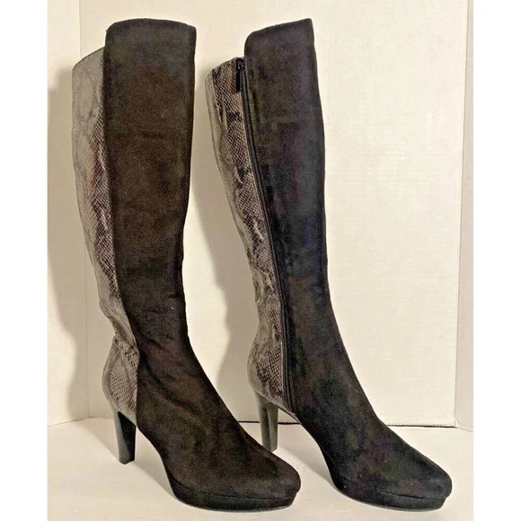 Impo stretch knee high boots sz 6.5 black gray faux leather/snake full zip - Picture 1 of 10